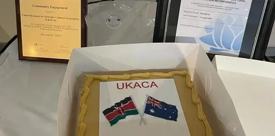 UKACA awards celebration cake with the Kenyan and Australian flags